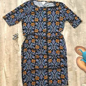 LuLaRoe Purple and Orange Feather Print Soft Stretch Dress Size L